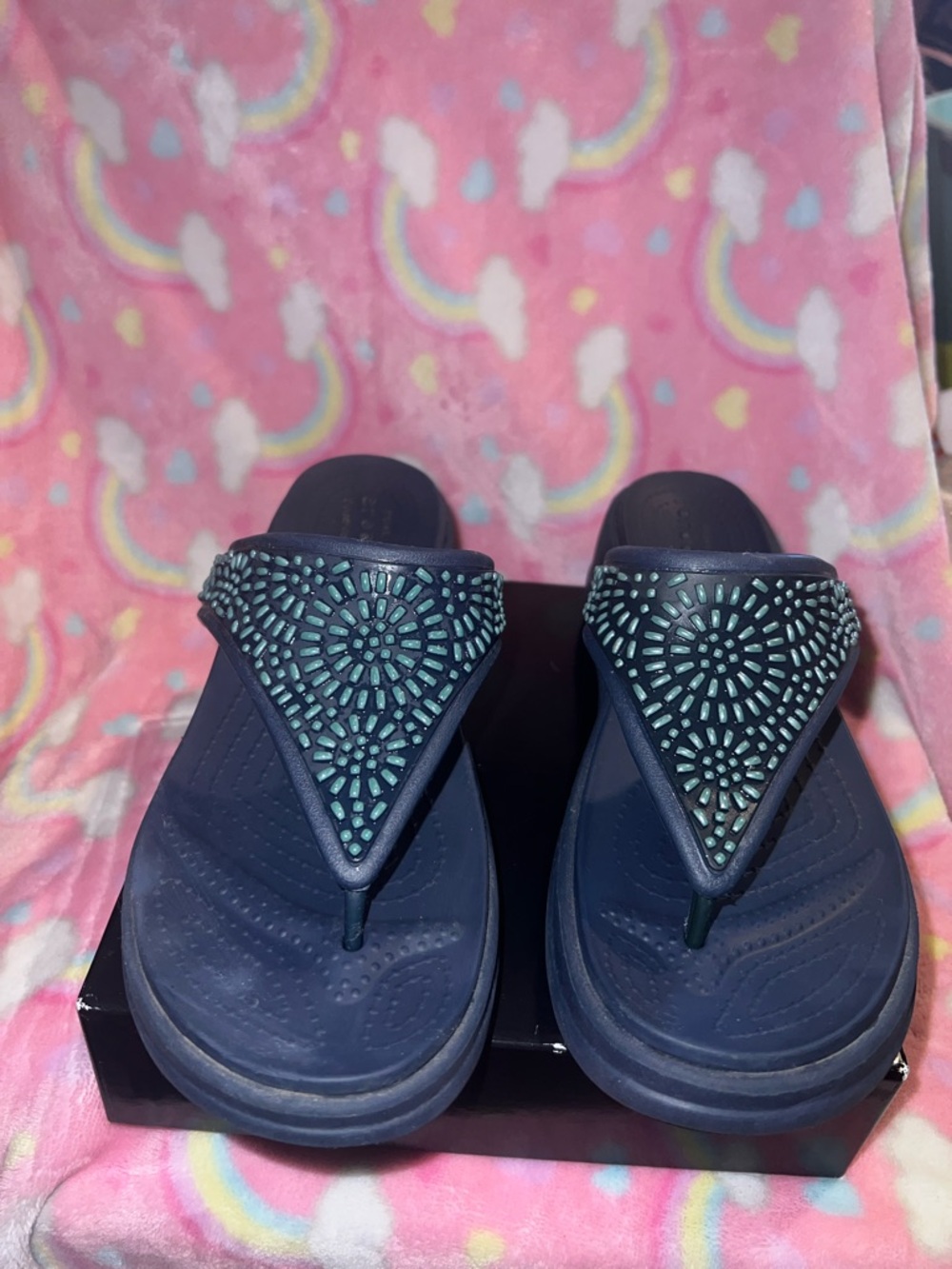 Crocs Navy Beaded Wedge Flip Flops - Teal Accent